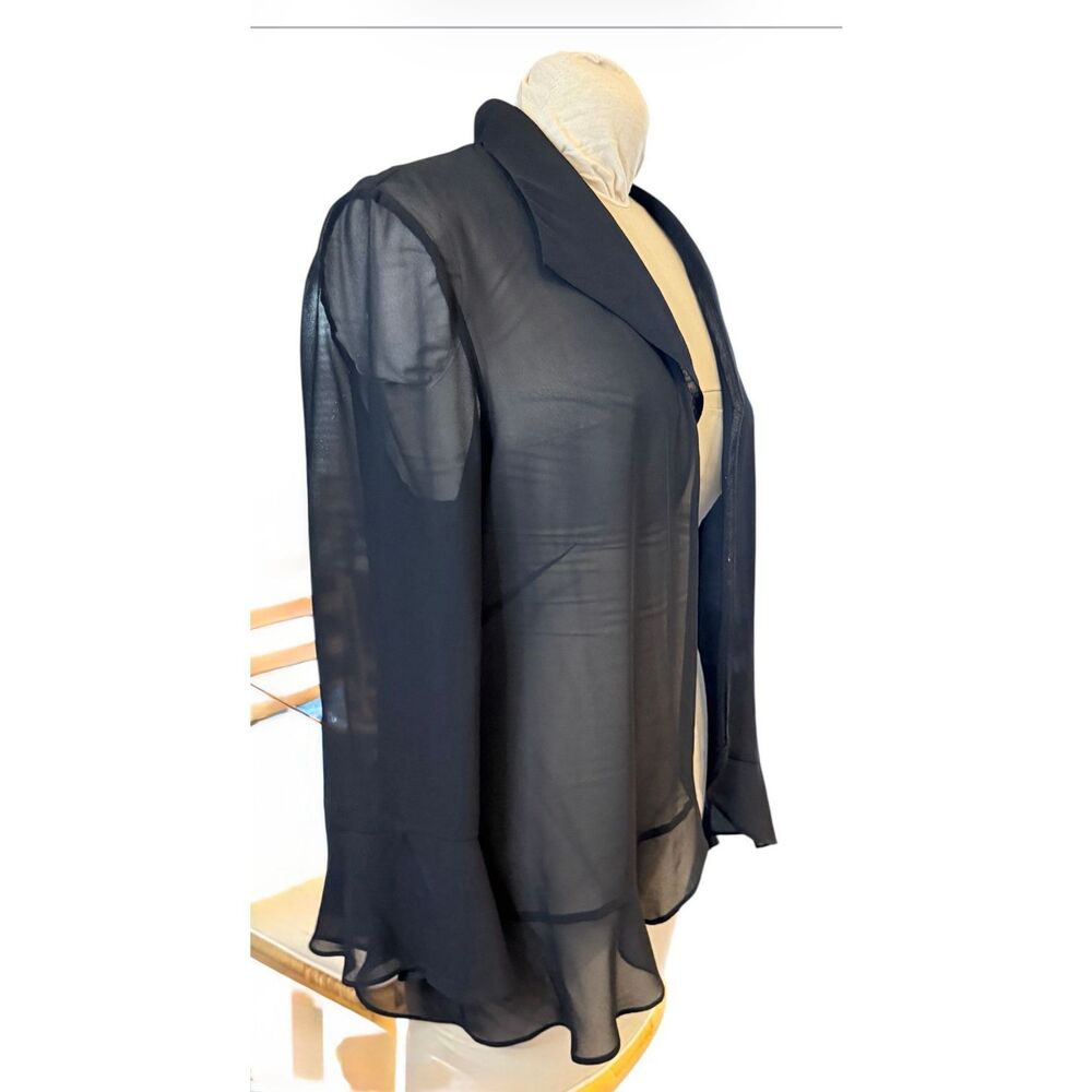 Alex Evenings Black Sheer 3/4 Sleeve Jacket Dress Cover Large Ruffle Hem - Picture 2 of 6
